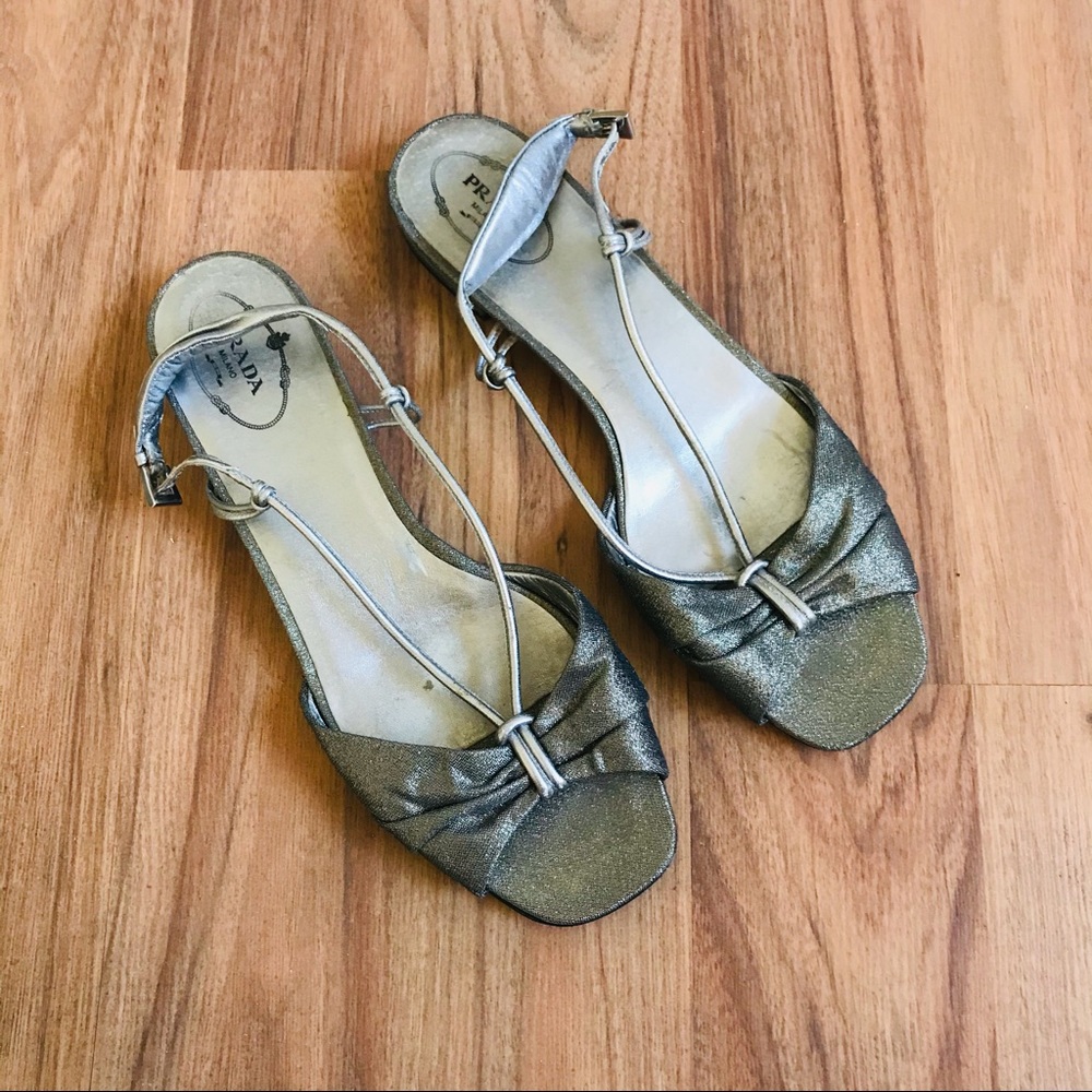 Prada Metallic Silver Slingback Flat Sandals - image 1